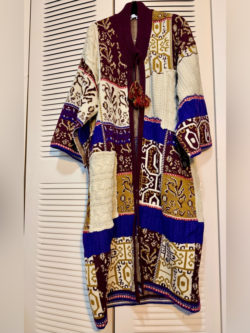Zara Patchwork Knit Duster Coatigan in Burgundy, Royal Blue & Cream